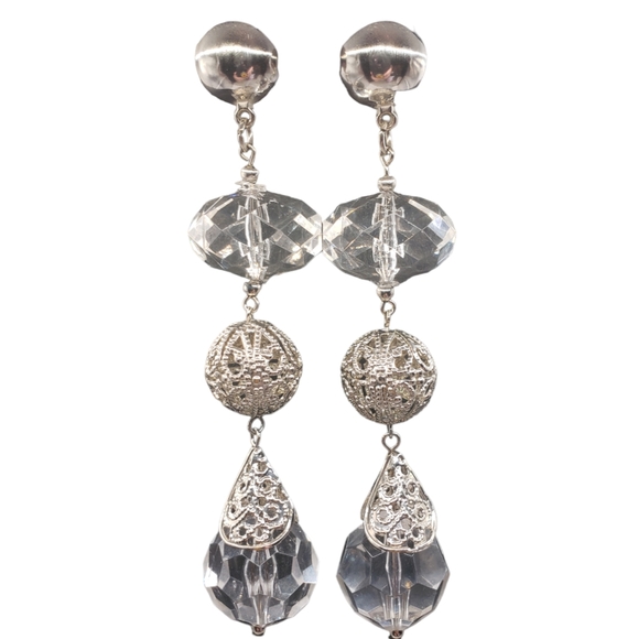 New OS Retro Disco Ball 4" Dangle Pierced Faux Crystal & Silver Tone Earrings - Picture 6 of 9